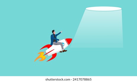 new business start up for career success or financial freedom, creative strategy for successful and growing business, businessman riding a flying rocket towards the hole of freedom flat illustration