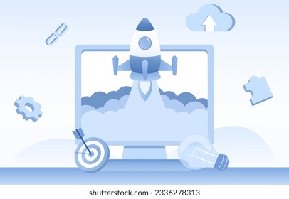 Nuevas empresas comienzan con el lanzamiento de cohetes. Elementos de la estrategia de gestión del crecimiento, el plan táctico, la innovación, la creación de redes, los objetivos y la meta. Ilustración de diseño de vector plano.