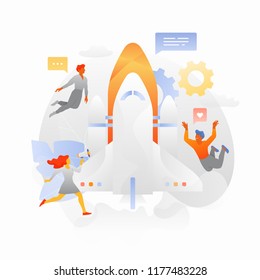 New Business Start Up. Tiny people characters around big rocket ship isolated on white background. Vector dynamic flat design for business, technology, finance, and other needs.