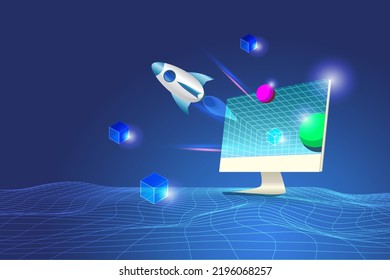 New business startup. 3D Rocket launching from computer with blockchain to futuristic outer space background.