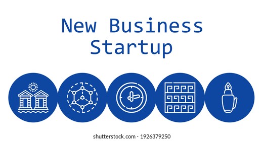 new business startup background concept with new business startup icons. Icons related modeling, fountain pen, pattern, clock, cabins