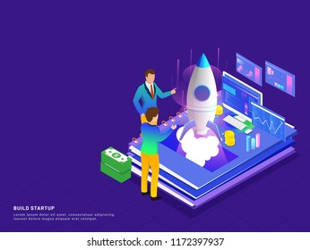 Neues Business Startup-Konzept basiert auf dem Design der Landing-Page, Geschäftsleute, die ihr Projekt starten, isometrisches Design für Build-Startup-Idee.