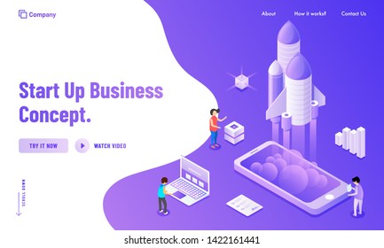 Nuevo diseño de página de inicio basado en el concepto Business Startup. Empresarios lanzando su proyecto, diseño isométrico para la idea de Startup Business.