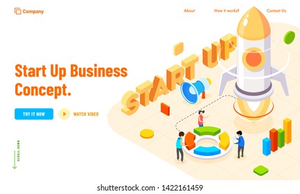 New Business Startup concept based landing page design. Business people launching their project, isometric design for Startup Business idea.