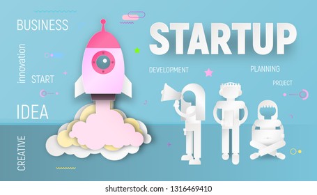 New Business Startup Concept in Paper Art Style - People are Launching Rocket on Blue Background. Vector Illustration for Web Page, Website, Banner, Social Media and Landing Page.
