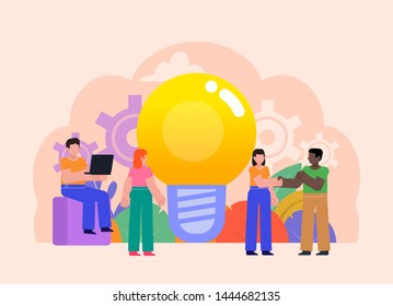 New business startup, creative idea, web studio concept. People stand near big idea light bulb. Poster for social media, web page, banner, presentation. Flat design vector illustration