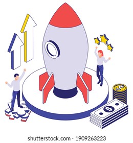 New business startup isometric colored composition with couple of young people working on spaceship launch 3d vector illustration