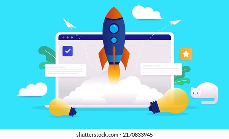 New business startup on computer, with rocket ship and light bulbs. Company launch concept, vector illustration