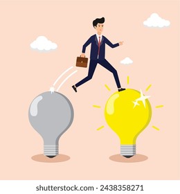 new business transformation, finding new business concepts, finding new business ideas, business people jumping from old lamps to bright lamps