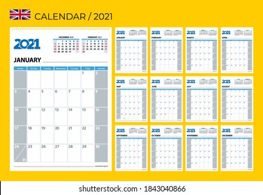 New business year calendar in English Vector 2021. Planner, diary, flip-flop, for a month, a year. Table simple style. Gray, blue, black, white color. Red dates, weekends. Start Sunday. 