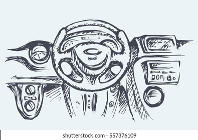 New cab rule old circle helm isolated white backdrop  Freehand outline ink hand drawn picture sketchy in art retro doodle style pen paper  Closeup front detail view and space for text