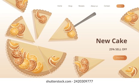 New cake sale website, landing page. orange tart pie with tangerine and lemon slices. Baking, bakery shop, cooking, sweet food, dessert, pastry. Vector illustration for advertising