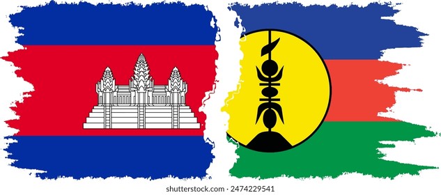 New Caledonia and Cambodia grunge flags connection, vector