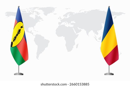 New Caledonia and Chad flags for official meeting against background of world map.