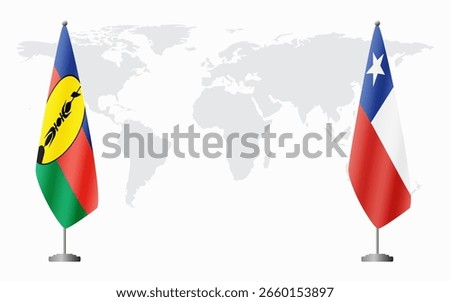 New Caledonia and Chile flags for official meeting against background of world map.