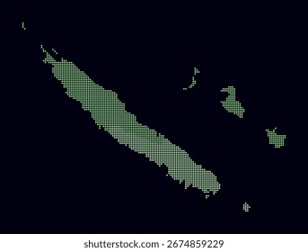 New Caledonia dotted map. Digital style map of the country on dark background. New Caledonia shape with circle dots. Colored dots style. Small size circles. Plain vector illustration.