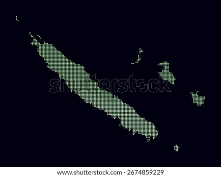 New Caledonia dotted map. Digital style map of the country on dark background. New Caledonia shape with circle dots. Colored dots style. Small size circles. Plain vector illustration.