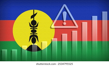 New Caledonia flag with burlap texture, warning sign, and rising bar chart symbolizing increasing risk or growth challenges in the country. Ideal for data presentations.