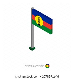 New Caledonia Flag on Flagpole in Isometric dimension. Isometric blue background. Vector illustration.
