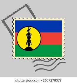 New Caledonia flag postage stamp. Isolated vector illustration on grey post stamp background