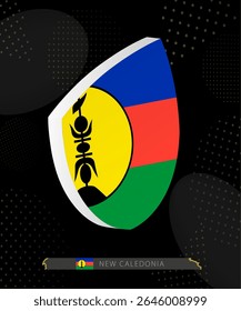 New Caledonia Flag Shield icon in 3D on Dark Modern Abstract Rugby Background. Perfect for sports events, heritage themes, national celebrations, and patriotic designs.
