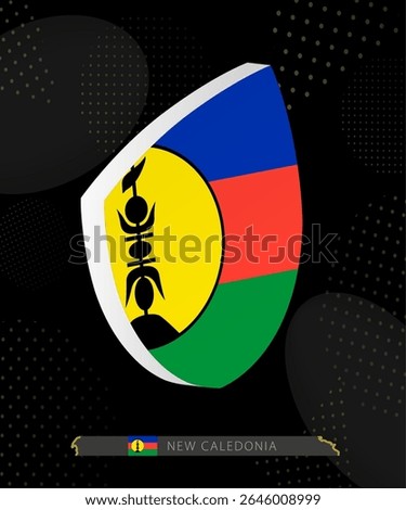 New Caledonia Flag Shield icon in 3D on Dark Modern Abstract Rugby Background. Perfect for sports events, heritage themes, national celebrations, and patriotic designs.