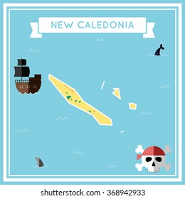 New Caledonia flat treasure map. Colorful cartoon treasure map of New Caledonia with flat icons of pirate ship, jolly roger, treasure chest and banner ribbon. Flat design vector illustration.