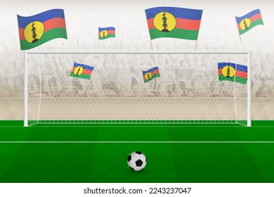 New Caledonia football team fans with flags of New Caledonia cheering on stadium, penalty kick concept in a soccer match. Sports vector illustration.