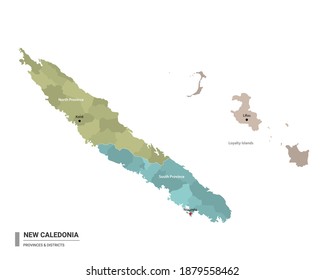 New Caledonia higt detailed map with subdivisions. Administrative map of New Caledonia with districts and cities name, colored by states and administrative districts. Vector illustration.