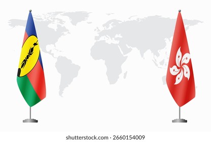 Bandeiras da Nova Caledônia e de Hong Kong para reunião oficial em segundo plano no mapa do mundo.