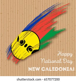New Caledonia Independence Day Patriotic Design. Expressive Brush Stroke in National Flag Colors on kraft paper background. Happy Independence Day New Caledonia Vector Greeting Card.