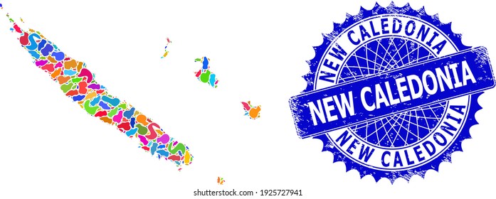New Caledonia Islands map abstraction. Splash mosaic map and corroded stamp for New Caledonia Islands. Sharp rosette blue stamp seal with tag for New Caledonia Islands map.