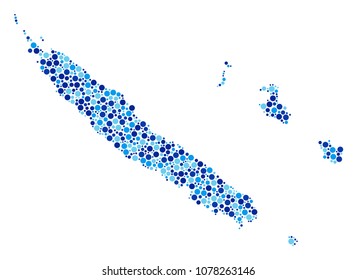 New Caledonia Islands Map collage of circle elements in variable sizes and blue color hues. Scattered spheric items are grouped into New Caledonia Islands Map collage.