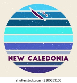 New Caledonia logo. Sign with the map of the country and colored stripes, vector illustration. Can be used as insignia, logotype, label, sticker, or badge of New Caledonia.