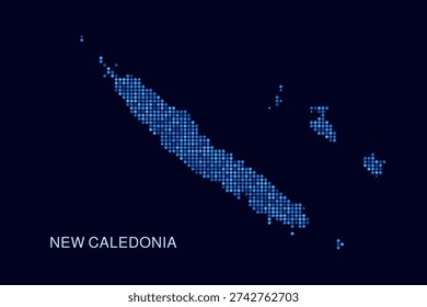 New Caledonia Map - Blue Dotted Halftone Vector Illustration on Dark Navy Background, Abstract Circle Grid Silhouette Design for Infographic and Modern Presentation Use.