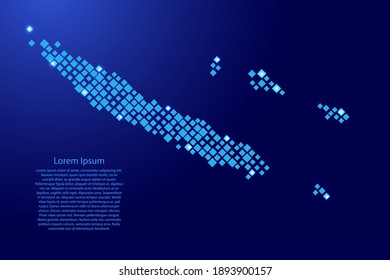 New Caledonia map from blue pattern rhombuses of different sizes and glowing space stars grid. Vector illustration.