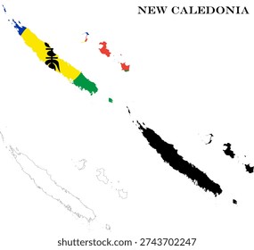 New Caledonia Map Bundle with Regional Flag, Black Silhouette and Detailed Outline Contours