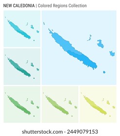 New Caledonia map collection. Country shape with colored regions. Light Blue, Cyan, Teal, Green, Light Green, Lime color palettes. Border of New Caledonia with provinces for your infographic.