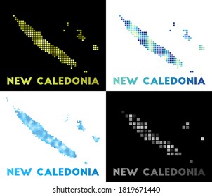 New Caledonia map. Collection of maps of New Caledonia in dotted style. Borders of the country filled with rectangles for your design. Vector illustration.
