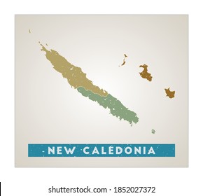 New Caledonia map. Country poster with regions. Old grunge texture. Shape of New Caledonia with country name. Awesome vector illustration.