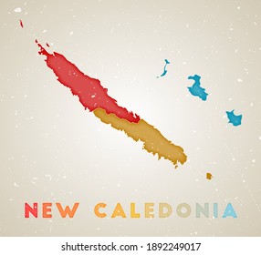 New Caledonia map. Country poster with colored regions. Old grunge texture. Vector illustration of New Caledonia with country name.