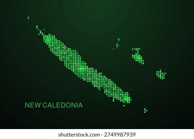 New Caledonia Map - Digital dotted map with glowing green points on dark background, modern technology style, abstract data network design, clean minimal geometric vector illustration.