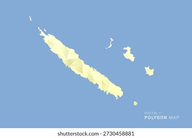 Mapa de Nueva Caledonia en estilo de Vector de polígono bajo, ilustración de forma geométrica con tonos amarillos suaves sobre fondo azul, silueta limpia para infografía.