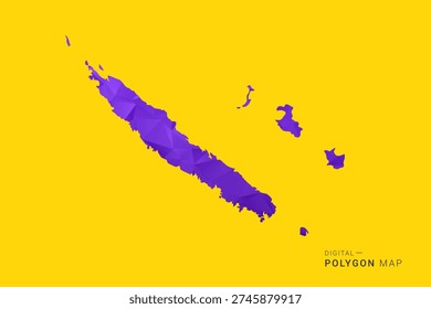 New Caledonia Map - Low poly polygon map in vibrant purple gradient on bold yellow background, modern minimal geometric style, clean digital vector illustration.