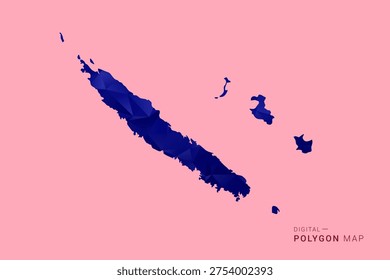 New Caledonia Map - Low poly polygon map in deep blue gradient on soft pink pastel background, modern minimal geometric design, clean digital vector illustration.