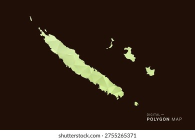 New Caledonia Map - Low poly polygon map in soft light green gradient on dark brown background, modern minimal geometric style, clean abstract vector illustration design.