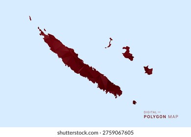 New Caledonia Map - Low poly polygon map in deep red gradient on light blue background, modern minimal geometric design, vector illustration with faceted triangulated style.