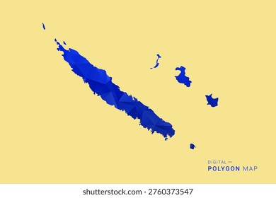 New Caledonia Map - Low poly polygon map in deep blue gradient on soft beige background, modern minimal geometric design, clean abstract vector illustration with faceted triangulated style.
