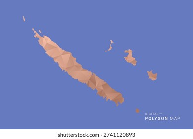 New Caledonia Map - Orange Polygon Vector Illustration on Deep Blue Background, Low Poly Geometric Design, Modern Abstract Country Silhouette for Infographics and Presentation Use.