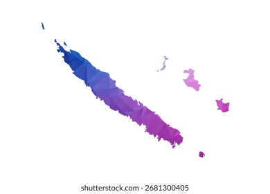 Mapa de Nueva Caledonia - Ilustración vectorial de estilo polígono en degradado azul y púrpura, diseño geométrico de bajo poli, aislado sobre fondo blanco, ideal para infografías y materiales de aprendizaje.